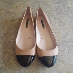 ZARA Trafaluc Leather Ballet Flat Loafers Tan with Black Rounded Capped Toe